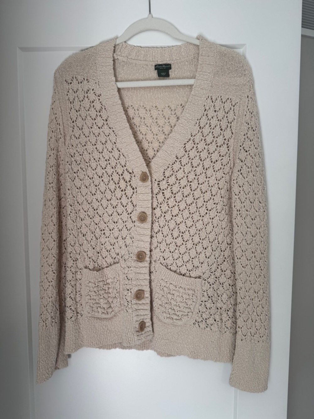 Vintage Eddie Bauer Cream Crochet V-Neck Button Cardigan Sweater